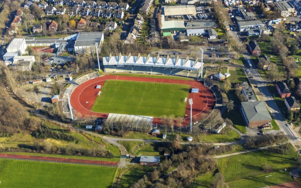 Aerial view, Lohrheide stadium, Leithe, Bochum, Ruhr area, North Rhine-Westphalia, Germany, DE, Europe, football pitch, football stadium, football club, aerial view, aerial photography, aerial photography, Olympic Training Centre Ruhr-East, sports, sports facilities, sports field, sports venue, stadium, overview, bird's-eye view, overview