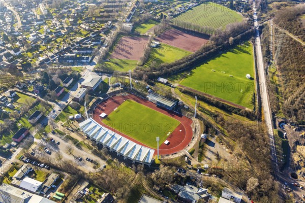 Aerial view, Lohrheide stadium, Leithe, Bochum, Ruhr area, North Rhine-Westphalia, Germany, DE, Europe, football pitch, football stadium, football club, Lohrheide, aerial view, aerial photography, aerial photography, Olympic Training Centre Ruhr-East, sports, sports facilities, sports field, sports field Espenloh, sports facility, stadium, overview, bird's-eye view, bird's-eye view, overview