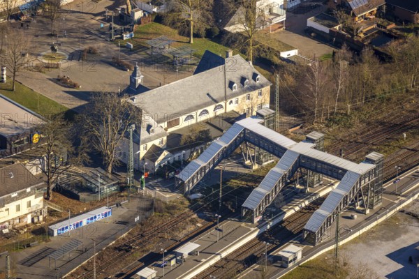 Aerial view, Bochum-Dahlhausen station, Dahlhausen, Bochum, Ruhr area, North Rhine-Westphalia, Germany, railway tracks, railway station, DE, Deutsche Bahn AG, Europe, aerial view, aerial photography, aerial photography, S-Bahn, S-Bahn station, overview, bird's-eye view, overview