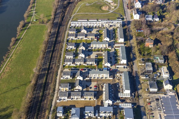 Aerial view, Ruhrauenpark Dahlhausen, new development area, Dahlhausen, Bochum, Ruhr area, North Rhine-Westphalia, Germany, railway tracks, DE, Dr.-C.-Otto-Straße, detached houses, Europe, property tax, real estate, aerial view, aerial photography, aerial photography, terraced houses, overview, bird's eye view, housing estate, housing and living, residential area, quality of living, residential neighbourhood, housing estate, birds-eyes view, former Dahlhausen railway station, overview