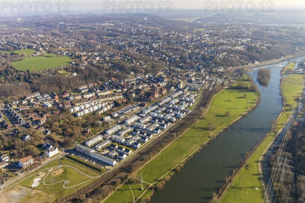 Aerial view, Ruhrauenpark Dahlhausen, new development area, river Ruhr, Dahlhausen, Bochum, Ruhr area, North Rhine-Westphalia, Germany, railway tracks, DE, Dr.-C.-Otto-Straße, single-family houses, Europe, property tax, real estate, aerial photography, aerial photography, terraced houses, overview, bird's eye view, residential area, living and living, residential area, quality of living, residential neighbourhood, housing estate, birds-eyes view, former Dahlhausen railway station, overview