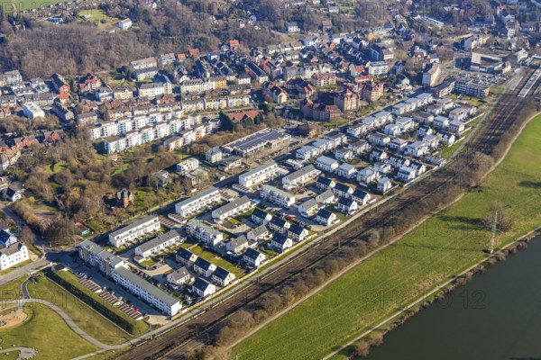 Aerial view, Ruhrauenpark Dahlhausen, new development area, Dahlhausen, Bochum, Ruhr area, North Rhine-Westphalia, Germany, railway tracks, DE, Dr.-C.-Otto-Straße, detached houses, Europe, property tax, real estate, aerial view, aerial photography, aerial photography, terraced houses, overview, bird's eye view, housing estate, housing and living, residential area, quality of living, residential neighbourhood, housing estate, birds-eyes view, former Dahlhausen railway station, overview