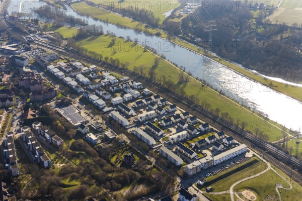 Aerial view, Ruhrauenpark Dahlhausen, new development area, river Ruhr, Dahlhausen, Bochum, Ruhr area, North Rhine-Westphalia, Germany, railway tracks, DE, Dr.-C.-Otto-Straße, single-family houses, Europe, property tax, real estate, aerial photography, aerial photography, terraced houses, overview, bird's eye view, residential area, living and living, residential area, quality of living, residential neighbourhood, housing estate, birds-eyes view, former Dahlhausen railway station, overview