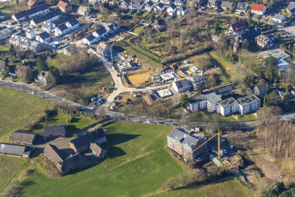 Aerial view, aerial view Eppendorf, construction site residential buildings Ruhrstraße, Eppendorf, Bochum, Ruhr area, North Rhine-Westphalia, Germany, construction work, construction area, construction site, building plots, construction crane, construction measure, construction site, DE, development, Europe, property tax, real estate, capacity requirement, aerial photograph, aerial photography, aerial photography, new construction, Ruhrstraße, overview, bird's eye view, residential complex, living and living, residential buildings, quality of life, housing estate, birds-eyes view, overview