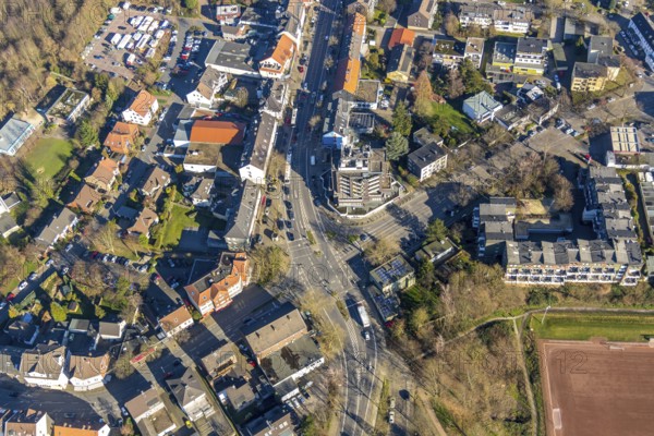 Aerial view, intersection Kemnader Straße, Markstraße, Karl-Friedrich-Straße, Heinrich-König-Straße, Weitmar, Bochum, Ruhr area, North Rhine-Westphalia, Germany, City, DE, Europe, property tax, real estate, city centre view, aerial view, aerial photography, aerial photography, overview, bird's-eye view, Volksbank Bochum Witten Filiale Bochum-Süd, residential area, living and living, residential area, residential buildings, housing estate, birds-eyes view, overview