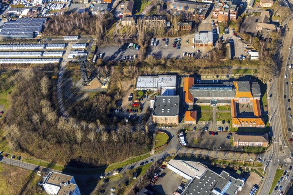 Aerial view, Technology and Start-up Centre Wattenscheid, colliery tower, winding tower, former colliery Holland Schacht 4, Leithe, Bochum, Ruhr area, North Rhine-Westphalia, Germany, mining, DE, Emil-Weitz-Straße, Europe, aerial view, aerial photography, aerial photography, photovoltaics, solar, solar plant, solar energy, solar energy, overview, bird's-eye view, Zipp Industries, birds-eyes view, overview