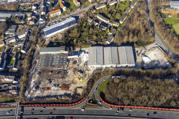 Aerial view, demolition of former factory halls Aquella Getränke Vertrieb, Berliner Straße, planned DIY store with garden centre, motorway A40, junction Wattenscheid-West, Leithe, Bochum, Ruhr area, North Rhine-Westphalia, Germany, demolition, demolition work, DE, Europe, aerial view, aerial photography, aerial photography, overview, bird's-eye view, planned DIY store, overview