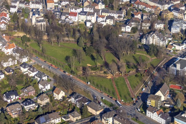 Aerial view, park memorial, construction site at the memorial monument, Westenfeld, Wattenscheid, Bochum, Ruhr area, North Rhine-Westphalia, Germany, DE, memorial, Europe, leisure activities, aerial photography, aerial photography, aerial photography, park, overview, bird's-eye view, historical sight, overview