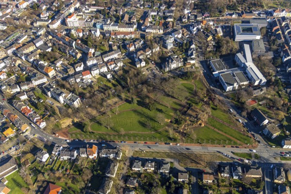 Aerial view, park memorial, construction site at the memorial monument, Westenfeld, Wattenscheid, Bochum, Ruhr area, North Rhine-Westphalia, Germany, vocational school, education, educational institution, Bußmanns Weg, DE, memorial, Europe, educational institute, aerial view, aerial photography, aerial photography, park, school, overview, bird's-eye view, historical sight, overview