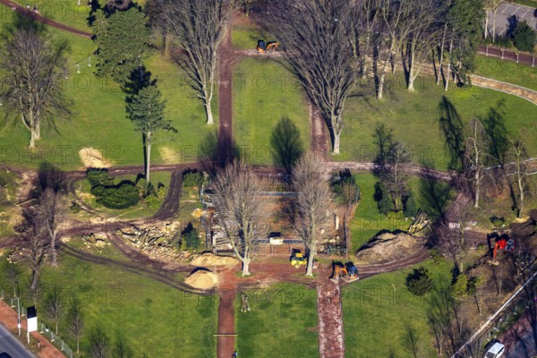 Aerial view, park memorial, construction site at the memorial monument, Westenfeld, Wattenscheid, Bochum, Ruhr area, North Rhine-Westphalia, Germany, DE, memorial, Europe, aerial view, aerial photography, aerial photography, park, overview, bird's-eye view, historical sight, overview