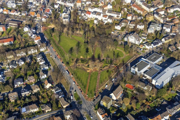 Aerial view, park memorial, construction site at the memorial monument, Westenfeld, Wattenscheid, Bochum, Ruhr area, North Rhine-Westphalia, Germany, DE, memorial, Europe, leisure activities, aerial photography, aerial photography, aerial photography, park, overview, bird's-eye view, historical sight, overview