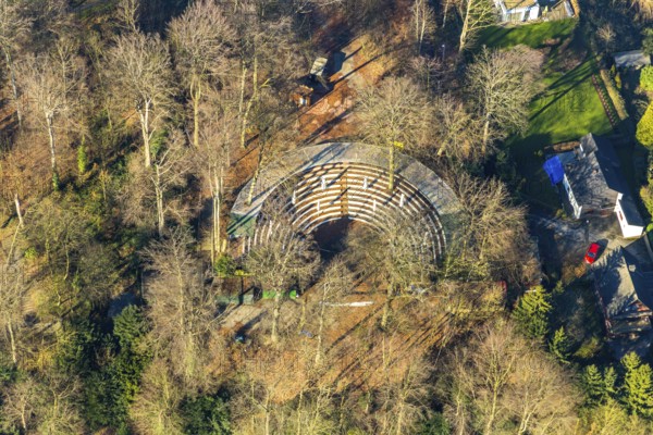 Aerial view, Waldbühne Südpark, semicircular theatre arena, open air theatre, Höntrop, Bochum, Ruhr area, North Rhine-Westphalia, Germany, DE, Europe, culture, art, aerial photography, aerial photography, aerial photography, open air theatre, drama, theatre, overview, bird's eye view, birds-eyes view, cultural use, overview