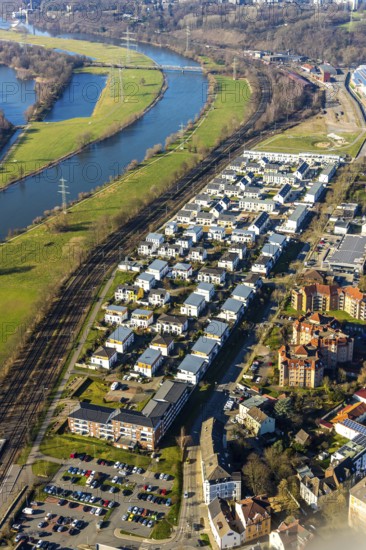Aerial view, Ruhrauenpark Dahlhausen, new development area, river Ruhr, Dahlhausen, Bochum, Ruhr area, North Rhine-Westphalia, Germany, railway tracks, DE, Dr.-C.-Otto-Straße, single-family homes, Europe, property tax, real estate, aerial photography, aerial photography, terraced houses, overview, bird's-eye view, housing estate, living and living, residential area, residential quality, residential quarter, housing estate, birds-eyes view, overview