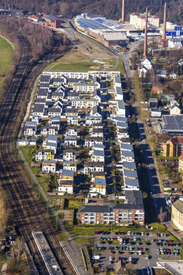 Aerial view, Ruhrauenpark Dahlhausen, development area, Dahlhausen, Bochum, Ruhr area, North Rhine-Westphalia, Germany, railway tracks, DE, Dr. C. Otto Feuerfest Gesellschaft Chemiewerk, Dr.-C.-Otto-Straße, detached houses, Europe, property tax, real estate, aerial view, aerial photography, aerial photography, terraced houses, overview, bird's-eye view, housing estate, housing and living, residential area, residential quality, residential neighbourhood, housing estate, birds-eyes view, former Dahlhausen railway station, overview