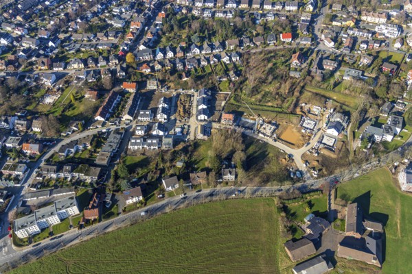 Aerial view, aerial view Eppendorf, construction site residential buildings Ruhrstraße, Eppendorf, Bochum, Ruhr area, North Rhine-Westphalia, Germany, construction work, construction area, construction site, building plots, construction crane, construction measure, construction site, DE, development, Europe, property tax, real estate, capacity requirement, aerial photograph, aerial photography, aerial photography, new construction, Ruhrstraße, overview, bird's eye view, residential complex, living and living, residential buildings, quality of life, housing estate, birds-eyes view, overview