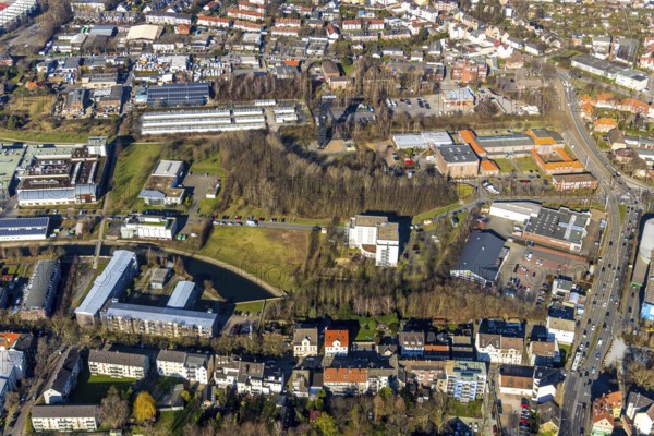Aerial view, Technology and Start-up Centre Wattenscheid, colliery tower, winding tower, former colliery Holland Schacht 4, Leithe, Bochum, Ruhr area, North Rhine-Westphalia, Germany, mining, DE, Emil-Weitz-Straße, Europe, aerial view, aerial photography, aerial photography, photovoltaics, solar, solar plant, solar energy, solar energy, overview, bird's-eye view, Zipp Industries, birds-eyes view, overview