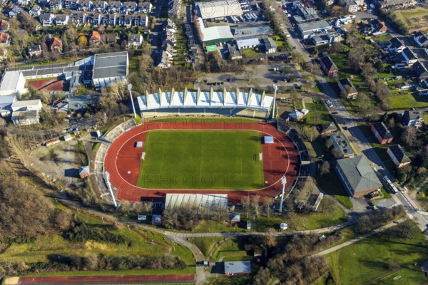 Aerial view, Lohrheide stadium, Leithe, Bochum, Ruhr area, North Rhine-Westphalia, Germany, DE, Europe, football pitch, football stadium, football club, aerial view, aerial photography, aerial photography, Olympic Training Centre Ruhr-East, sports, sports facilities, sports field, sports venue, stadium, overview, bird's-eye view, overview