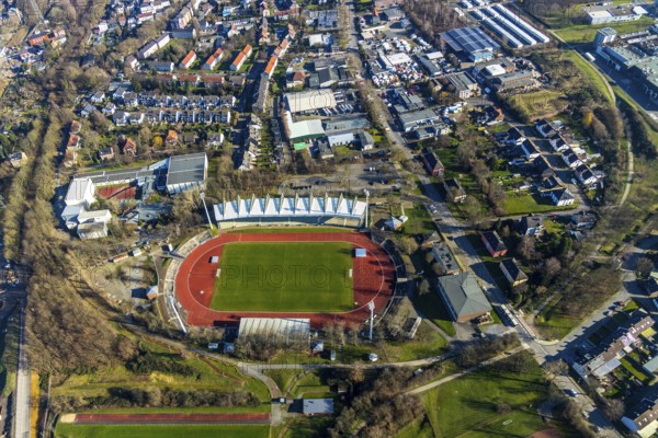 Aerial view, Lohrheide stadium, Leithe, Bochum, Ruhr area, North Rhine-Westphalia, Germany, DE, Europe, football pitch, football stadium, football club, aerial view, aerial photography, aerial photography, Olympic Training Centre Ruhr-East, sports, sports facilities, sports field, sports venue, stadium, overview, bird's-eye view, overview