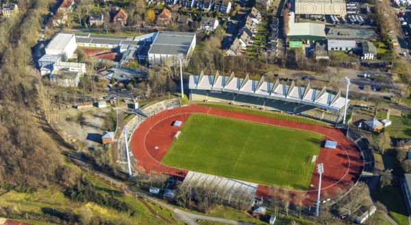 Aerial view, Lohrheide stadium, Leithe, Bochum, Ruhr area, North Rhine-Westphalia, Germany, DE, Europe, football pitch, football stadium, football club, aerial view, aerial photography, aerial photography, Olympic Training Centre Ruhr-East, sports, sports facilities, sports field, sports venue, stadium, overview, bird's-eye view, overview