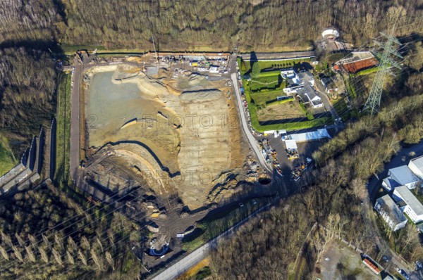 Aerial view, construction site rainwater retention basin Wattenscheider Bach, Hollandstraße, Leithe, Bochum, Ruhr area, North Rhine-Westphalia, Germany, wastewater regulation, DE, Europe, aerial view, aerial photography, aerial photography, rainwater retention, rainwater retention basin, overview, bird's-eye view, overview