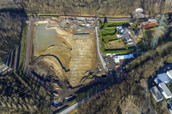 Aerial view, construction site rainwater retention basin Wattenscheider Bach, Hollandstraße, Leithe, Bochum, Ruhr area, North Rhine-Westphalia, Germany, wastewater regulation, DE, Europe, aerial view, aerial photography, aerial photography, rainwater retention, rainwater retention basin, overview, bird's-eye view, overview