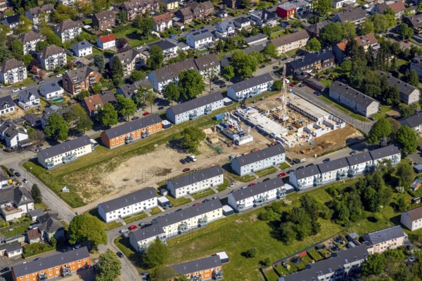 Aerial view, construction site, new build flats Im Nörenberger Feld, Werne, Bochum, Ruhr area, North Rhine-Westphalia, Germany, construction work, construction area, construction site, construction measure, construction project, DE, development, Europe, Im Höllken, Im Nörenberger Feld, capacity requirement, aerial photograph, aerial photography, aerial photography, new build, new build flats, terraced houses, Rutgerweg, overview, Vivawest, bird's eye view, birds-eyes view, overview