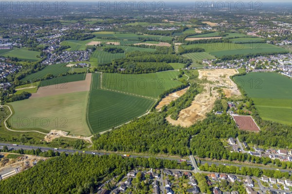 Aerial view, construction site Harpener Bach, Harpener Hellweg, Werne, Bochum, Ruhr area, North Rhine-Westphalia, Germany, construction, construction area, construction site, DE, development, Europe, aerial view, aerial photography, aerial photography, Nörenbergstraße, sports field SC Werne 02 e.V. - Platz Amalia, tennis court SG Werne 06/19, overview, bird's-eye view, meadows and fields, birds-eyes view, overview