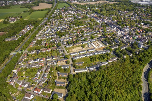Aerial view, construction site, new build flats Im Nörenberger Feld, Werne, Bochum, Ruhr area, North Rhine-Westphalia, Germany, construction work, construction area, construction site, construction measure, construction project, DE, development, Europe, Im Höllken, Im Nörenberger Feld, capacity requirement, aerial photograph, aerial photography, aerial photography, new build, new build flats, terraced houses, Rutgerweg, overview, Vivawest, bird's eye view, birds-eyes view, overview