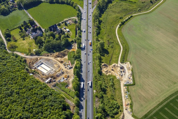 Aerial view, construction site Harpener Bach, Auf dem Sporkel, rainwater overflow basin Kirchharpener Bach, motorway A40, Bochum, Ruhr area, North Rhine-Westphalia, Germany, construction work, construction vehicles, construction area, construction site, building plots, construction crane, construction measure, construction project, construction site, DE, development, Europe, capacity requirements, aerial view, aerial photography, aerial photography, new construction, overview, bird's-eye view, overview