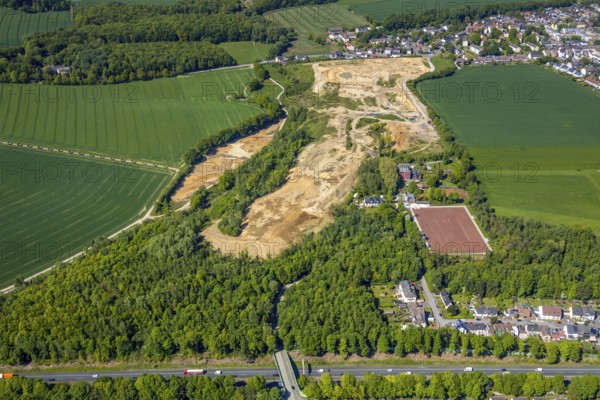 Aerial view, construction site Harpener Bach, Harpener Hellweg, Werne, Bochum, Ruhr area, North Rhine-Westphalia, Germany, construction, construction area, construction site, DE, development, Europe, aerial view, aerial photography, aerial photography, Nörenbergstraße, sports field SC Werne 02 e.V. - Platz Amalia, tennis court SG Werne 06/19, overview, bird's-eye view, meadows and fields, birds-eyes view, overview