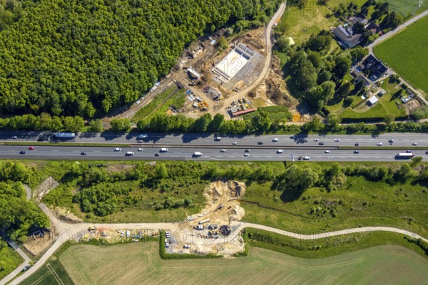 Aerial view, construction site Harpener Bach, Auf dem Sporkel, rainwater overflow basin Kirchharpener Bach, motorway A40, Bochum, Ruhr area, North Rhine-Westphalia, Germany, construction work, construction vehicles, construction area, construction site, building plots, construction crane, construction measure, construction project, construction site, DE, development, Europe, capacity requirements, aerial view, aerial photography, aerial photography, new construction, overview, bird's-eye view, overview