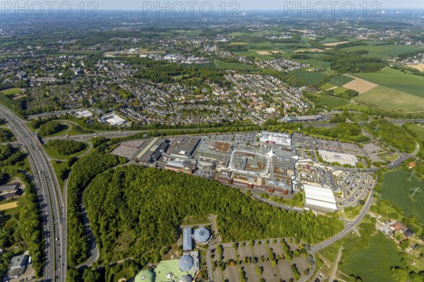 Aerial view, motorway junction Bochum, Ruhr Park shopping centre, Medi Therme, Bochum, Ruhr area, North Rhine-Westphalia, Germany, motorway A40, motorway A43, DE, shopping centre, shopping mall, shopping mile, shopping place, shopping centre, Europe, freight transport, freight traffic, aerial view, aerial photography, aerial photography, passenger traffic, shopping, shopping, road traffic, overview, traffic volume, bird's eye view, wellness facility, birds-eyes view, overview