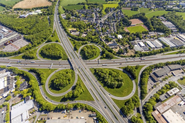 Aerial photo, motorway junction Bochum, Bochum, Ruhr area, North Rhine-Westphalia, Germany, motorway A40, motorway A43, DE, Europe, freight transport, freight traffic, aerial photography, aerial photography, passenger traffic, road traffic, overview, traffic volume, bird's eye view, bird's eye view, overview