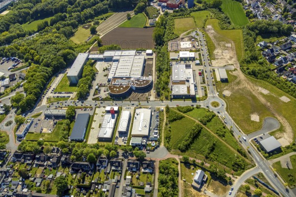Aerial view, commercial area Steiger-Stein-Straße, Bochum, Ruhr area, North Rhine-Westphalia, Germany, DE, Europe, commercial enterprises, commercial area, commercial area, commercial location, commercial use, roundabout, aerial view, aerial photography, aerial photography, overview, bird's-eye view, overview