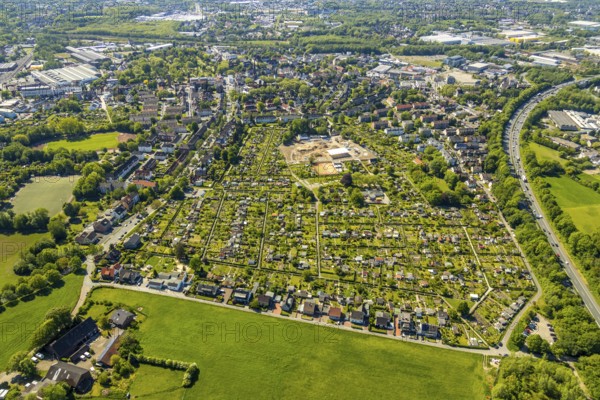 Aerial view, allotment garden association Bochum-Riemke, construction site Urban Green Bochum-Riemke, Bochum, Ruhr area, North Rhine-Westphalia, Germany, DE, Europe, community garden, allotment garden, allotment garden site, allotment garden association, aerial view, aerial photography, aerial photography, allotment garden, overview, bird's-eye view, overview