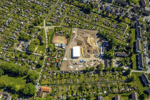Aerial view, allotment garden association Bochum-Riemke, construction site Urban Green Bochum-Riemke, Bochum, Ruhr area, North Rhine-Westphalia, Germany, DE, Europe, community garden, allotment garden, allotment garden site, allotment garden association, aerial view, aerial photography, aerial photography, allotment garden, overview, bird's-eye view, overview