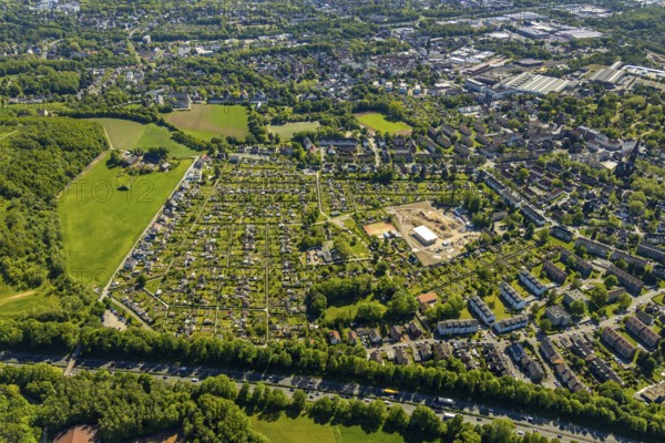 Aerial view, allotment garden association Bochum-Riemke, construction site Urban Green Bochum-Riemke, Bochum, Ruhr area, North Rhine-Westphalia, Germany, DE, Europe, community garden, allotment garden, allotment garden site, allotment garden association, aerial view, aerial photography, aerial photography, allotment garden, overview, bird's-eye view, overview