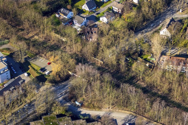 Aerial view, street subway Parkstraße Aschenbruch, Günnigfeld, Bochum, Ruhr area, North Rhine-Westphalia, Germany, railway tracks, DE, Europe, property tax, real estate, aerial photography, aerial photography, aerial photography, tunnel, overview, subway, residential complex, living and living, residential area, residential buildings, housing estate, housing estate bird's-eye view, overview