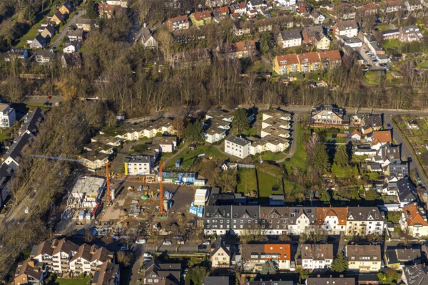 Aerial view, residential neighbourhood Am Beisenkamp, new construction with care facility, construction site, Wattenscheid, Bochum, Ruhr area, North Rhine-Westphalia, Germany, construction work, construction area, building site, building plots, construction crane, construction project, DE, development, Europe, property tax, real estate, capacity requirements, aerial view, aerial photography, aerial photography, multigenerational neighbourhood, terraced houses, overview, bird's-eye view, residential complex, living and living, residential area, residential buildings, residential quality, residential quarter, housing estate, birds-eyes view, overview