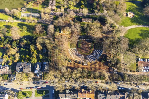 Aerial view, Stadtgarten Wattenscheid, semicircular theatre arena, open-air theatre, Wattenscheid, Bochum, Ruhr area, North Rhine-Westphalia, Germany, DE, Europe, green spaces, concerts, aerial view, aerial photography, aerial photography, Parkstraße, drama, theatre, overview, bird's eye view, birds-eyes view, overview
