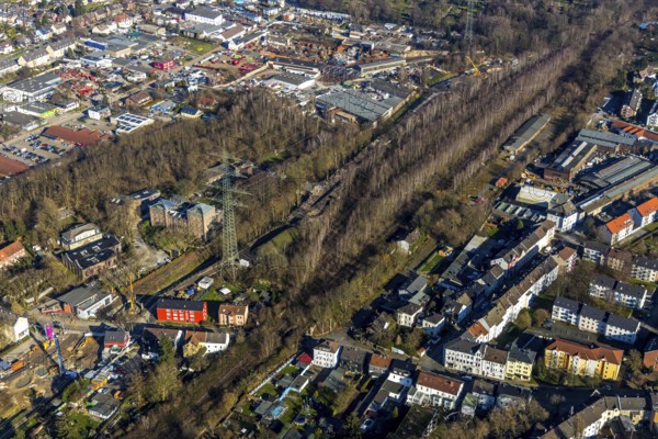 Aerial view, planned cycle path on former railway line, local view Ückendorf, former goods station Gelsenkirchen / Wattenscheid, road subway Ückendorfer Straße, Am Bahnhof, Günnigfeld, Bochum, Ruhr area, North Rhine-Westphalia, Germany, railway tracks, DE, Europe, property tax, real estate, aerial view, aerial photography, aerial photography, tunnel, overview, subway, forest, housing estate, living and living, residential area, residential buildings, housing estate, housing estate bird's eye view, birds-eyes view, overview, Ückendorf