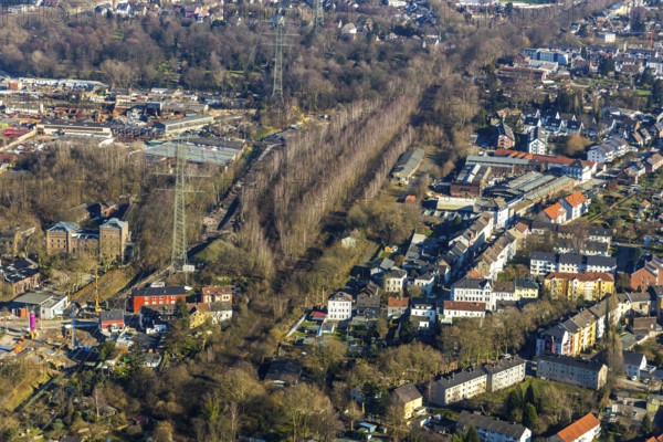 Aerial view, planned cycle path on former railway line, local view Ückendorf, former goods station Gelsenkirchen / Wattenscheid, road subway Ückendorfer Straße, Am Bahnhof, Günnigfeld, Bochum, Ruhr area, North Rhine-Westphalia, Germany, railway tracks, DE, Europe, property tax, real estate, aerial view, aerial photography, aerial photography, tunnel, overview, subway, forest, housing estate, living and living, residential area, residential buildings, housing estate, housing estate bird's eye view, birds-eyes view, overview, Ückendorf