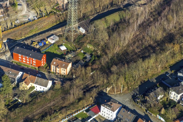 Aerial view, planned cycle path on former railway line, road subway Ückendorfer Straße, Am Bahnhof, Günnigfeld, Bochum, Ruhr area, North Rhine-Westphalia, Germany, railway tracks, DE, Europe, property tax, real estate, aerial view, aerial photography, aerial photography, tunnel, overview, subway, residential area, living and living, residential area, residential buildings, housing estate, housing estate bird's eye view, birds-eyes view, overview, Ückendorf