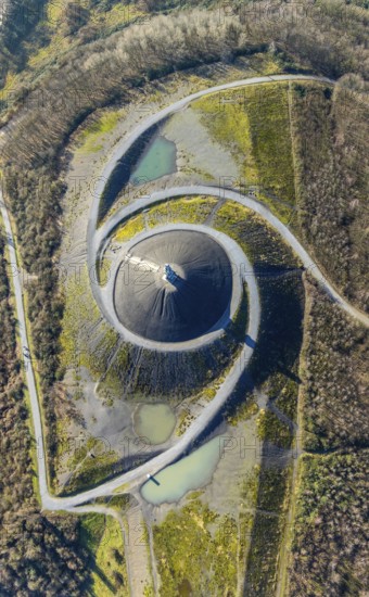 Aerial photograph, Rheinelbe slagheap, Ückendorf, Gelsenkirchen, Ruhr area, North Rhine-Westphalia, Germany, mining, slagheap, DE, Europe, slagheap, landmark, landscape forms, landscape park, Leithestrasse, aerial photograph, aerial photography, aerial photography, industrial heritage route, pointed cone, table mountain, overview, bird's-eye view, former Rheinelbe colliery, overview