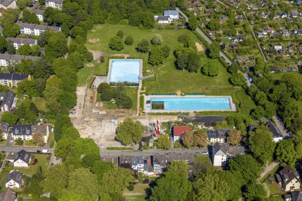Aerial view, renovation of outdoor swimming pool Bochum-Werne, Bochum, Ruhr area, North Rhine-Westphalia, Germany, construction work, construction area, construction site, construction project, construction site, DE, Europe, aerial view, aerial photography, aerial photography, renovation, overview, bird's-eye view, overview