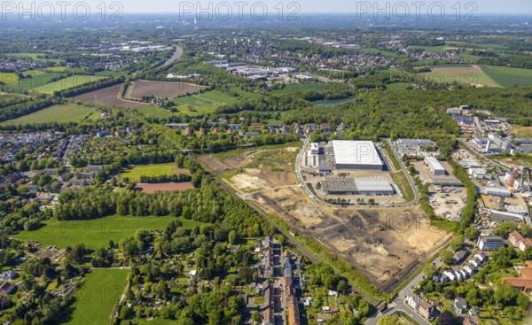Aerial view, construction site new building BROCK Kehrtechnik GmbH, company headquarters, production site, Arnoldschacht, Werne, Bochum, Ruhr area, North Rhine-Westphalia, Germany, construction work, construction area, construction site, building plots, construction project, construction site, DE, development, Europe, commercial area, commercial area, commercial use, industrial site, capacity requirements, aerial view, aerial photography, aerial photography, new construction, overview, bird's-eye view, former coking plant site Robert Müser, overview