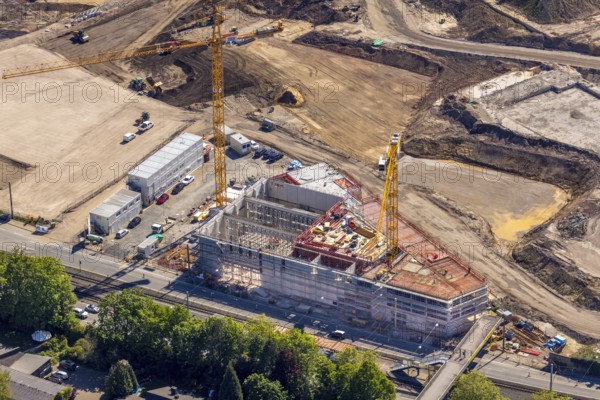Aerial view, construction site former Opel site, Hans-Dobbertin-Straße, Laer, Bochum, Ruhr area, North Rhine-Westphalia, Germany, expansion areas, construction, construction area, construction site, construction crane, construction project, construction site, DE, earthworks, renewal, development, Europe, Mark 51/7 industrial estate, capacity requirements, aerial view, aerial photography, aerial photography, Opel site, overview, bird's-eye view, growth, becoming and growing, birds-eyes view, former Opel site, overview