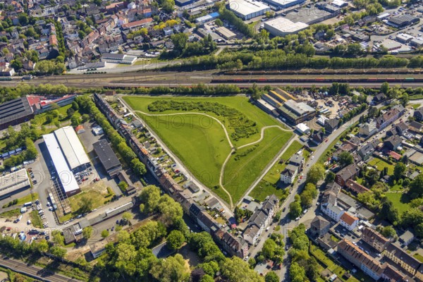 Aerial view, RUHR REAL GEWERBEPARK, Auf den Holln, park, Bochum, Ruhr area, North Rhine-Westphalia, Germany, DE, Europe, commercial enterprises, commercial area, commercial park, commercial location, commercial use, aerial photograph, aerial photography, aerial photography, park, overview, bird's-eye view, birds-eyes view, overview