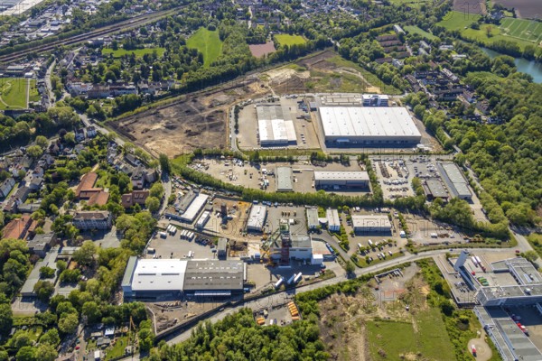 Aerial view, construction site new building BROCK Kehrtechnik GmbH, company headquarters, production site, Arnoldschacht, Werne, Bochum, Ruhr area, North Rhine-Westphalia, Germany, construction work, construction area, construction site, building plots, construction project, construction site, DE, development, Europe, winding tower, commercial area, commercial area, commercial use, industrial site, capacity requirements, aerial view, aerial photography, aerial photography, new construction, overview, bird's-eye view, former coking plant site Robert Müser, overview