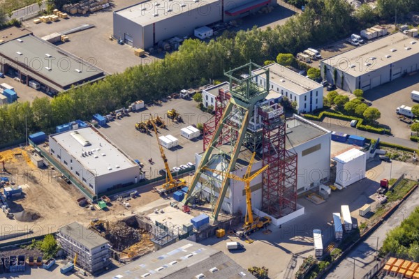 Aerial view, former Robert Müser colliery, winding tower, Werne, Bochum, Ruhr area, North Rhine-Westphalia, Germany, mine, DE, Europe, commercial area, commercial use, industrial area, industrial site, aerial photograph, aerial photography, aerial photography, production plants, production halls, coal mine, overview, bird's-eye view, Von-Waldthausen-Straße, Robert Müser colliery, birds-eyes view, overview